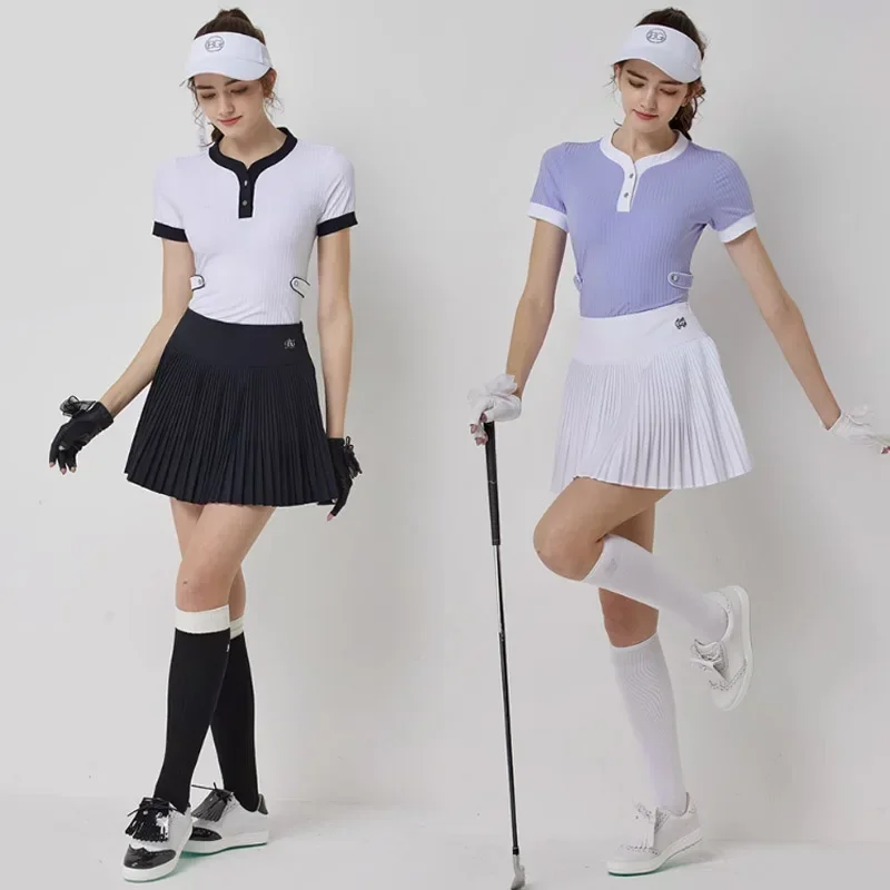 Blktee Woman Patchwork Short Sleeve Shirt Slim Fast Dry Golf T-shirt Anti-light Pleated Skirt High Waist Elegant Casual Skort