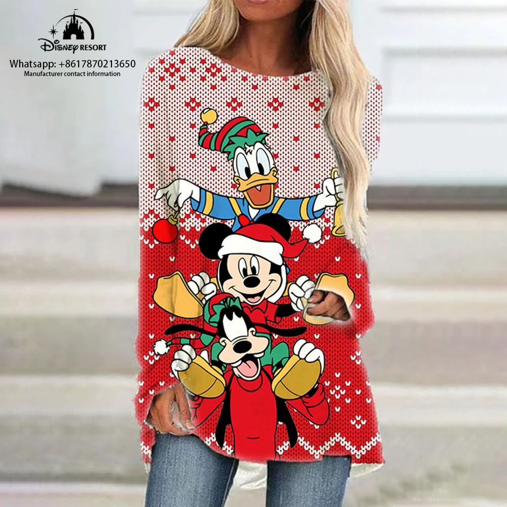 

Winnie the Pooh and Mickey Anime Christmas Fall New Women's Round Neck Loose Long Sleeve T Shirt Disney Casual Raglan Dress Y2K