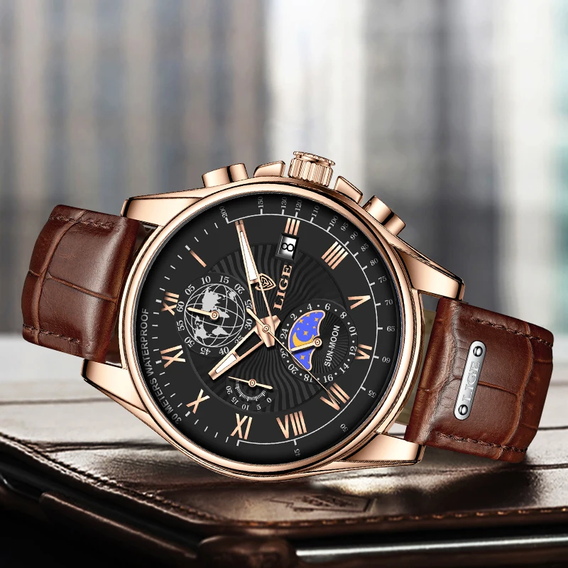 Lige Men Watches Top Brand Luxury Casual Leather Watch For