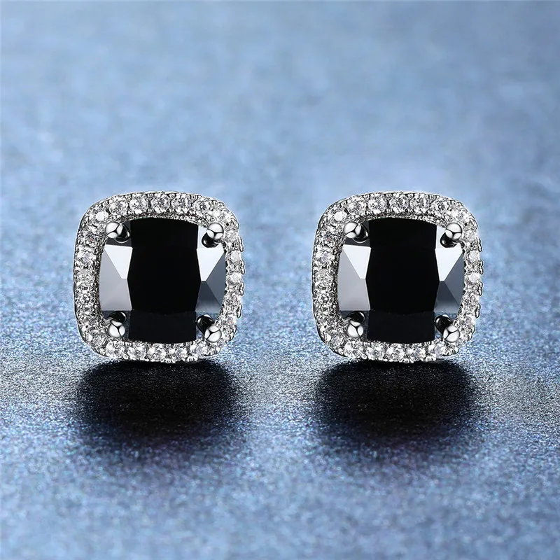 Cute Female Crystal Red Stone Stud Earrings Charm Silver Color Luxury Square Wedding Jewelry For Women