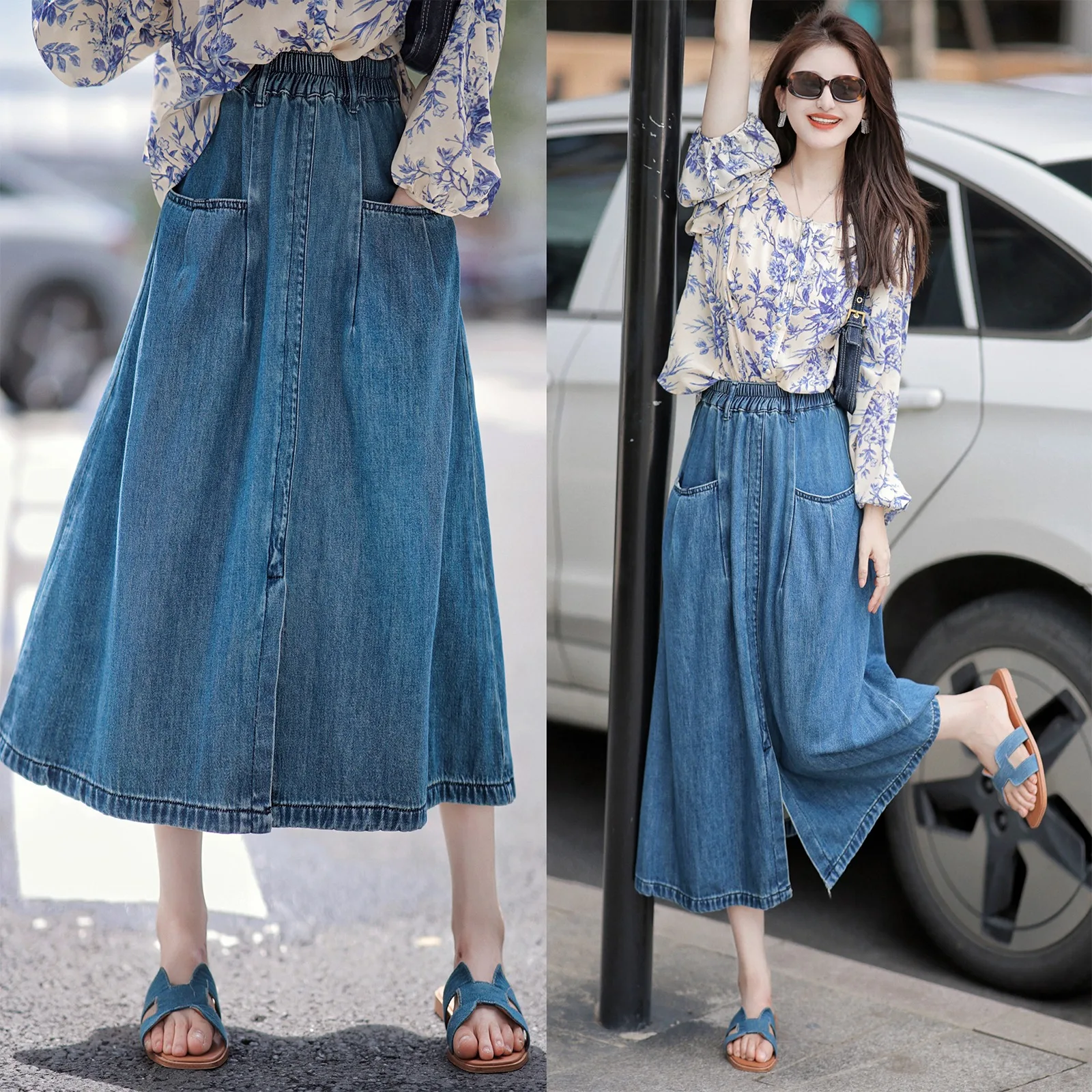 

Summer soft breathable pocket denim elastic waist mid-length skirt 2023 fashion women's Clothing