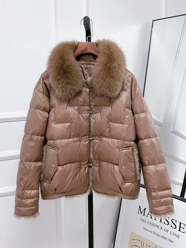 

LY VAREY LIN New Winter Women Real Fox Fur Collar 90% White Duck Down Jacket Lady Warm Puffer Coat Female Retro Button Parkas