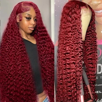 Burgundy 13x6 Hd Lace Front Human Hair Wig Curly Wig Red Wigs 40 Inch Transparent Lace Deep Wave Frontal Wig 99j 200 Density 1