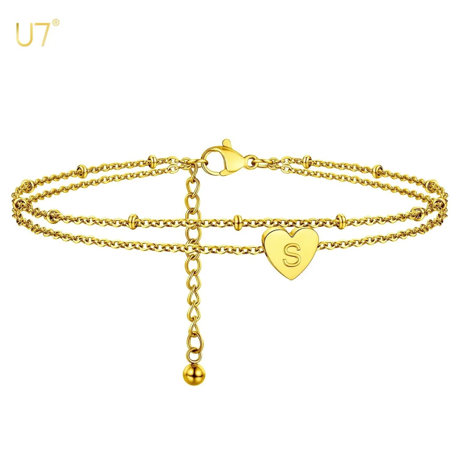 U7 Initial Letters Heart Anklet for Woman Double Layers Beaded and Rolo Chain Long Bracelet Stackable Beach Ankle Jewelry