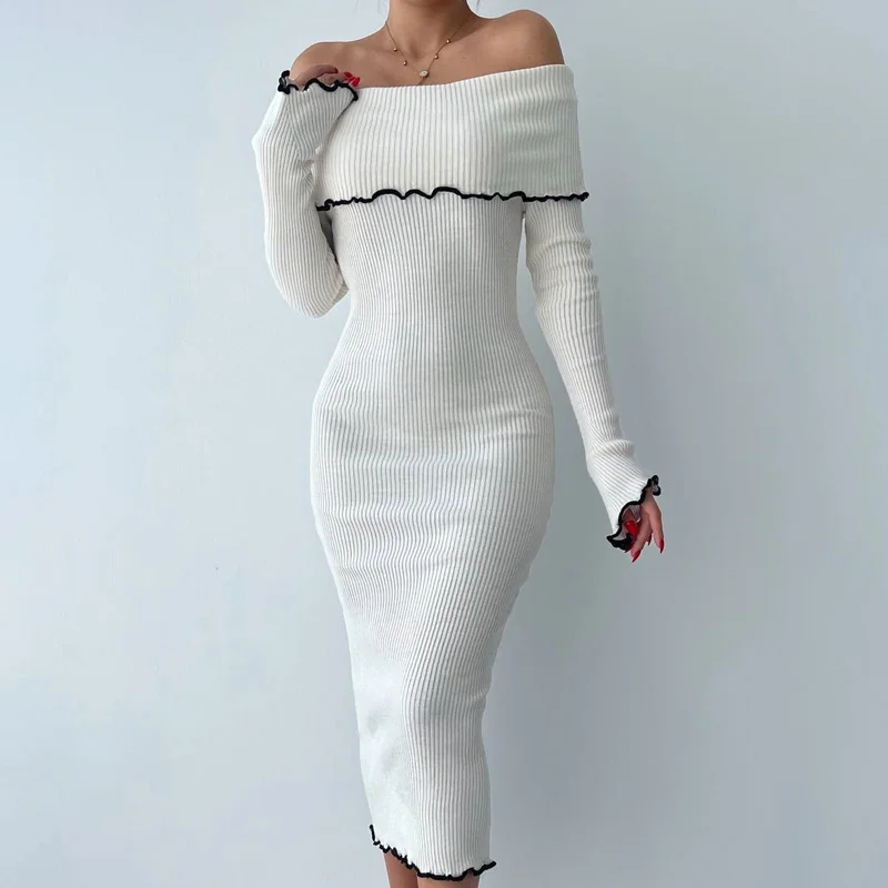 Ruffled Slim Knit Dress Women's Backless Long Sleeve Bandeau Contrast Autumn Party Dress Fashion Knitwear Maxi Dress