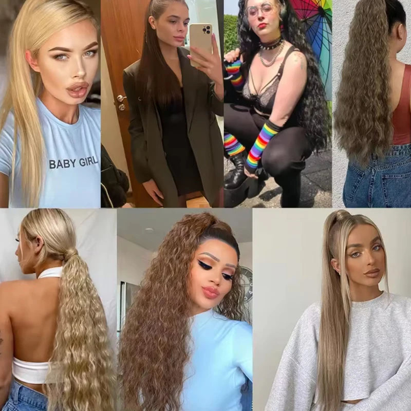 Synthetic corn wavy tail hair clip wrapped clip on hair extensions, brown ponytail suitable for women to wear