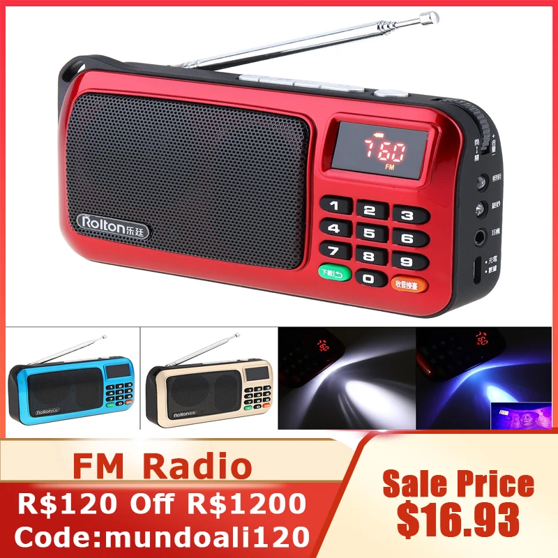 Rolton W405 Portable TF Card USB Mini FM Elder Radio Speaker with LCD Display Subwoofer MP3 Player/Torch Lamp/Verify