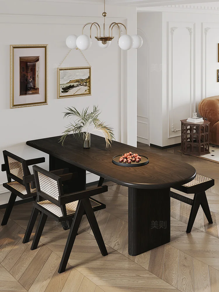 

Solid Wood Log Island Platform Black Retro French Semi Oval Dining Room Table Wooden Dinning Table Desk Mesa Comedor Furnitures