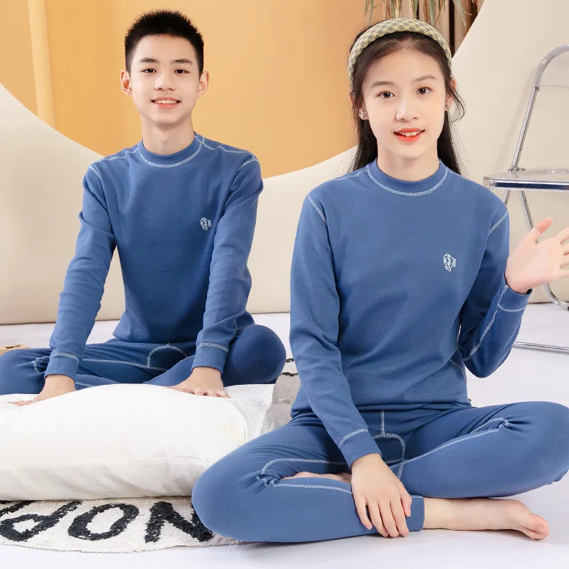 Thermal Underwear for Boys Cotton Thicken Warm Autumn Winter Teenage Children Underwears Set Solid Two Pieces Girls Clothing Set