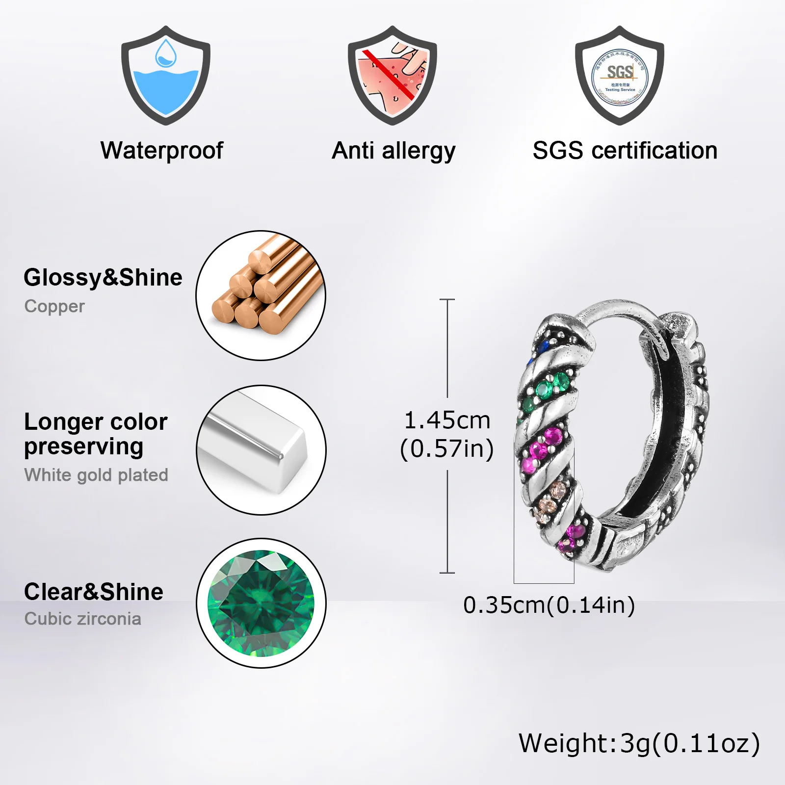 Colorful Zircon Hoop Earrings for Men Boys,Casual  Twist Metal Pierced Earrings,Punk Jewelry Gifts