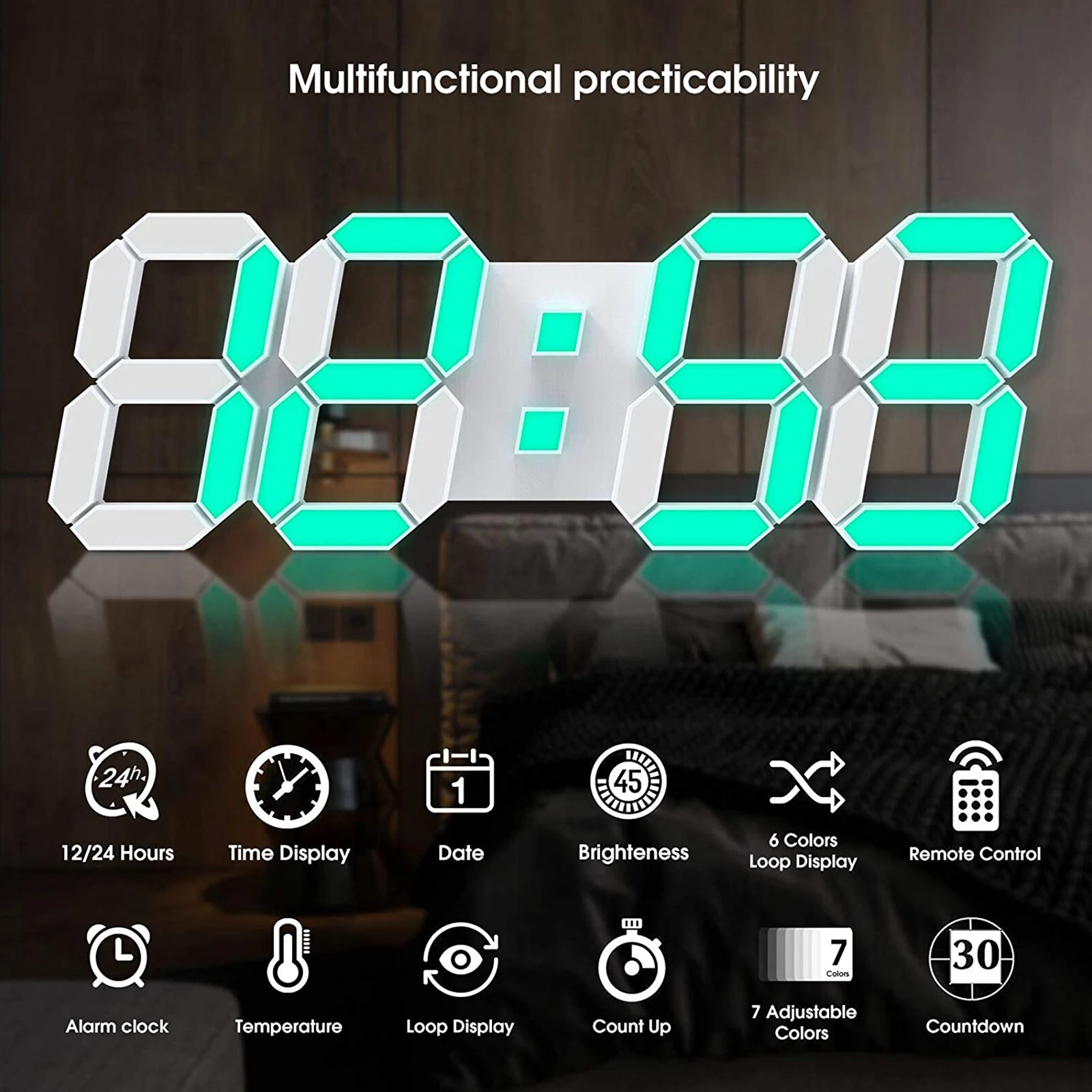 DEEYAPLE 15Inch Colorful LED Digital Clock 12/24H Time/Date Remote Control Snooze USB-Powered Wall/Desk Floating Design for Home