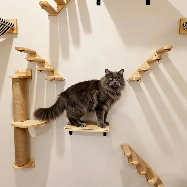 Wall Mounted Cat Wall Furniture Wooden Cat Shelves Climbing Steps & Hanging Hammock Cat Wall Perch for Indoor Cats Scratching 4