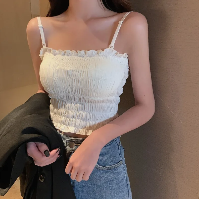 Pure Cotton Pleated Small Camisole with Chest Pad Short Beautiful Back Wrapped Chest Outer Wear Tube Top Underwear верхняя труба women tank tops lace camisole tops