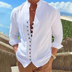 New Men's Vintage Casual Shirts Cotton Linen Long Sleeve Street Wear Lapel Button Solid Color Shirt For Men Vacation Blouse Top