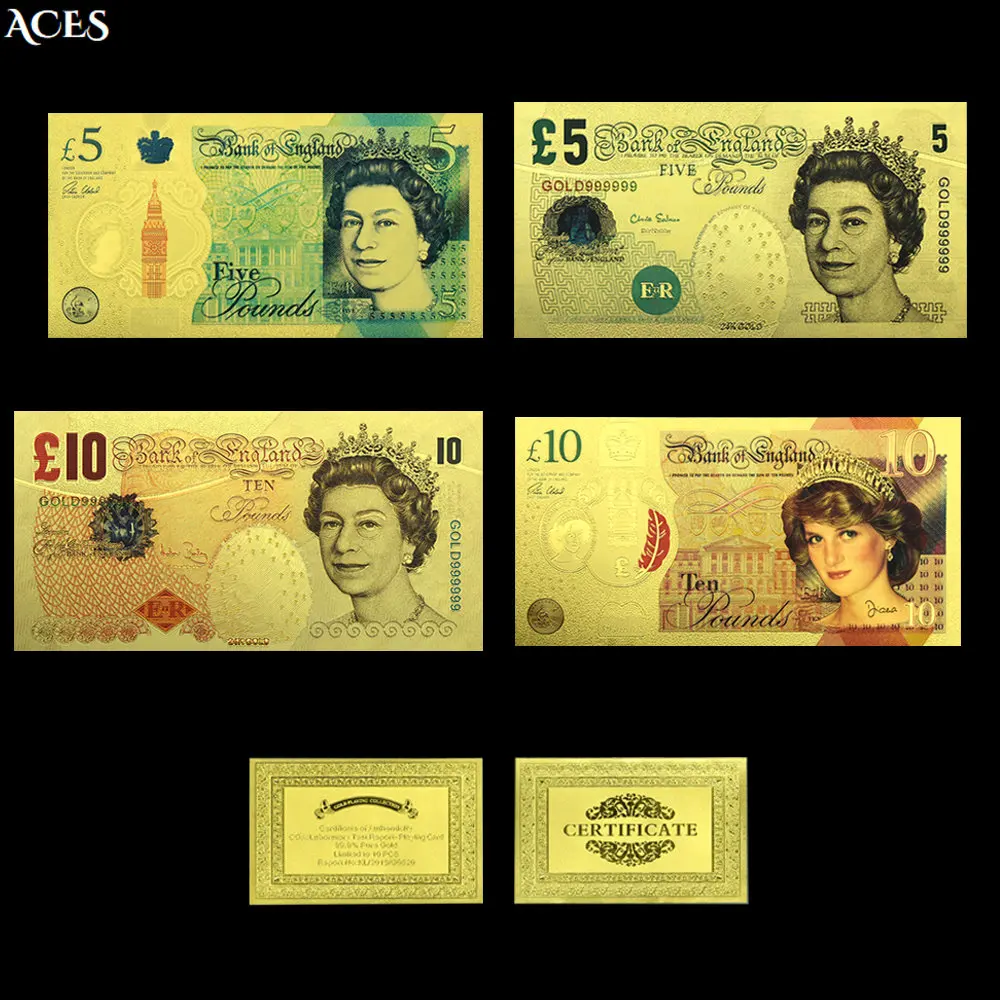 4 Pezzi Pound Set Banconote In Lamina D'Oro 5 10Pound Prop Card 2016 Anni La Regina Dell'Inghilterra E Le Note Di Transistor Decorazioni Per La Casa