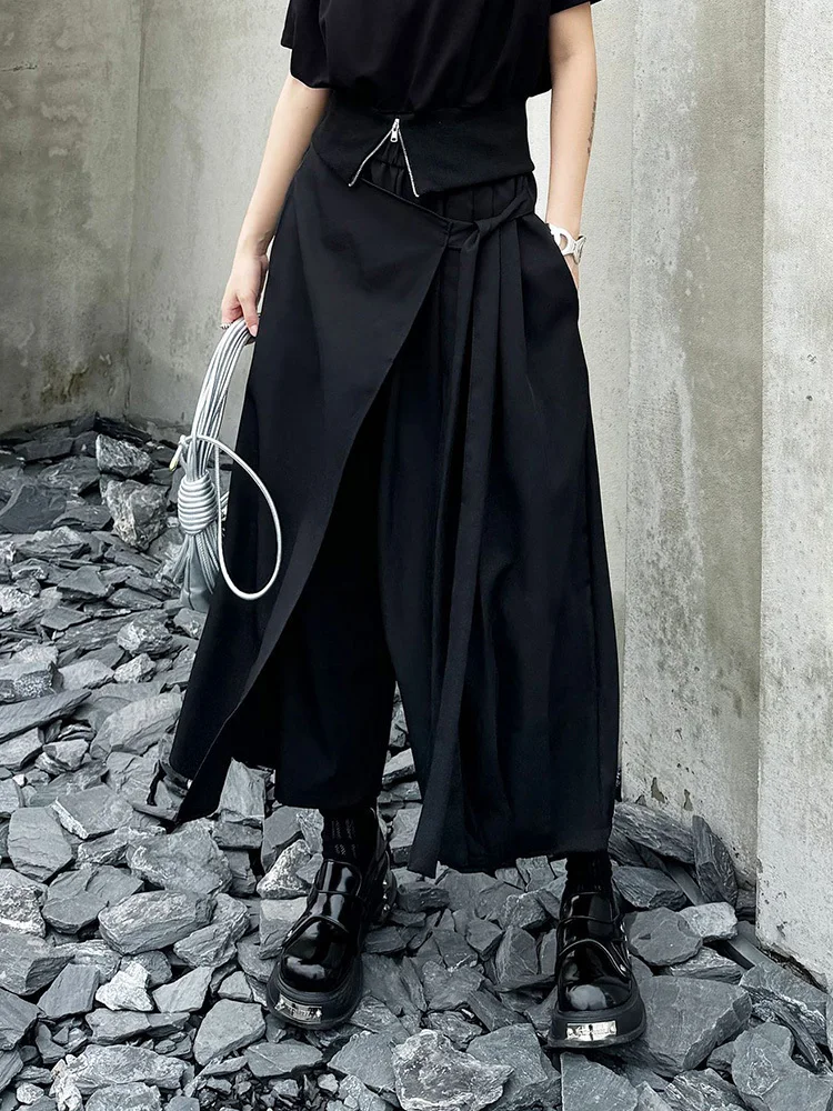 [EAM] High Elastic Waist Black Bandage Pleated Long Wide Leg Pants New Trousers Women Fashion Tide Spring Autumn 2026 1DH6554
