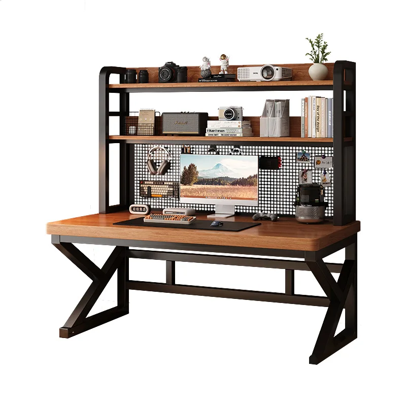 Solid wood computer desk, bedroom, home desktop gaming desk, student learning desk, perforated board desk, bookshelf integrated