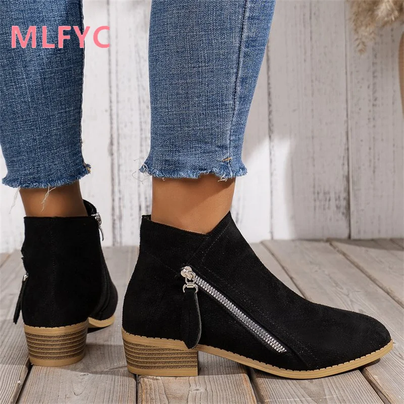 Round toe low heel side zipper fashion boots New European and American fashion short boots women's shoes