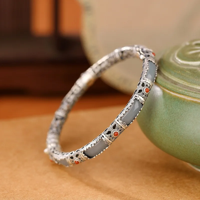 Sterling Silver Bracelets for Women New Women's Fashion Hollow Butterfly Pattern Jade Bangle Pure Argentum Jewelry 2