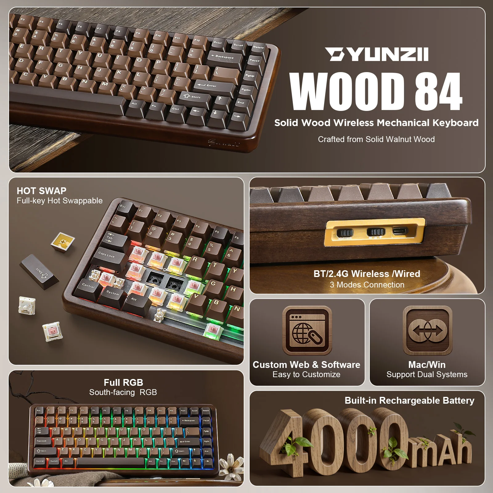 YUNZII WOOD84 무선 기계식 키보드, 75% 월넛 RGB 백라이트 목재 키보드, Mac/Win용 트레이 마운트 핫스왑 PBT 키캡