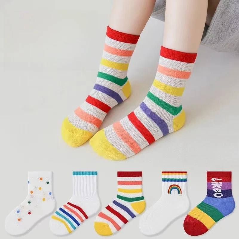 5 Pairs Children's Ankle Socks, Rainbow Design, Trendy, Cute, Lightweight for Summer, Breathable, Comfortable 3