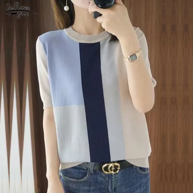 

Summer 2022 New Korean Contrast Color Striped Thin Short Sleeve T-shirt Ice Silk Sweater Women's Pullover Loose Thin Top 19349