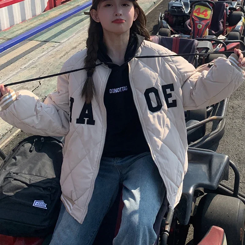 

Oversized Down Coats Women Thicken Parka Jackets 2023 Winter Letter Embroidery Streetwear Korean Fashion Couple Baseball Coats
