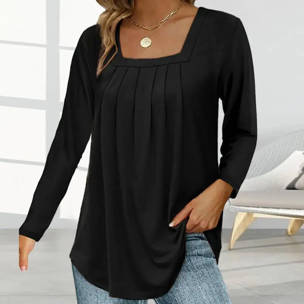 

Women Elegant Pleated Square Neck Top Chic Autumn Women's Square Neck Pullover Pleated Detail Solid Color Loose Blouse Office