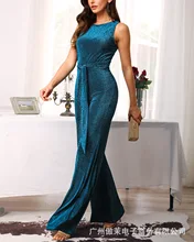 

Women's Summer Jumpsuit Lace Up Sleeveless Backless Wide Leg Pants 2022 New Solid O Neck High Waist Jumpsuits