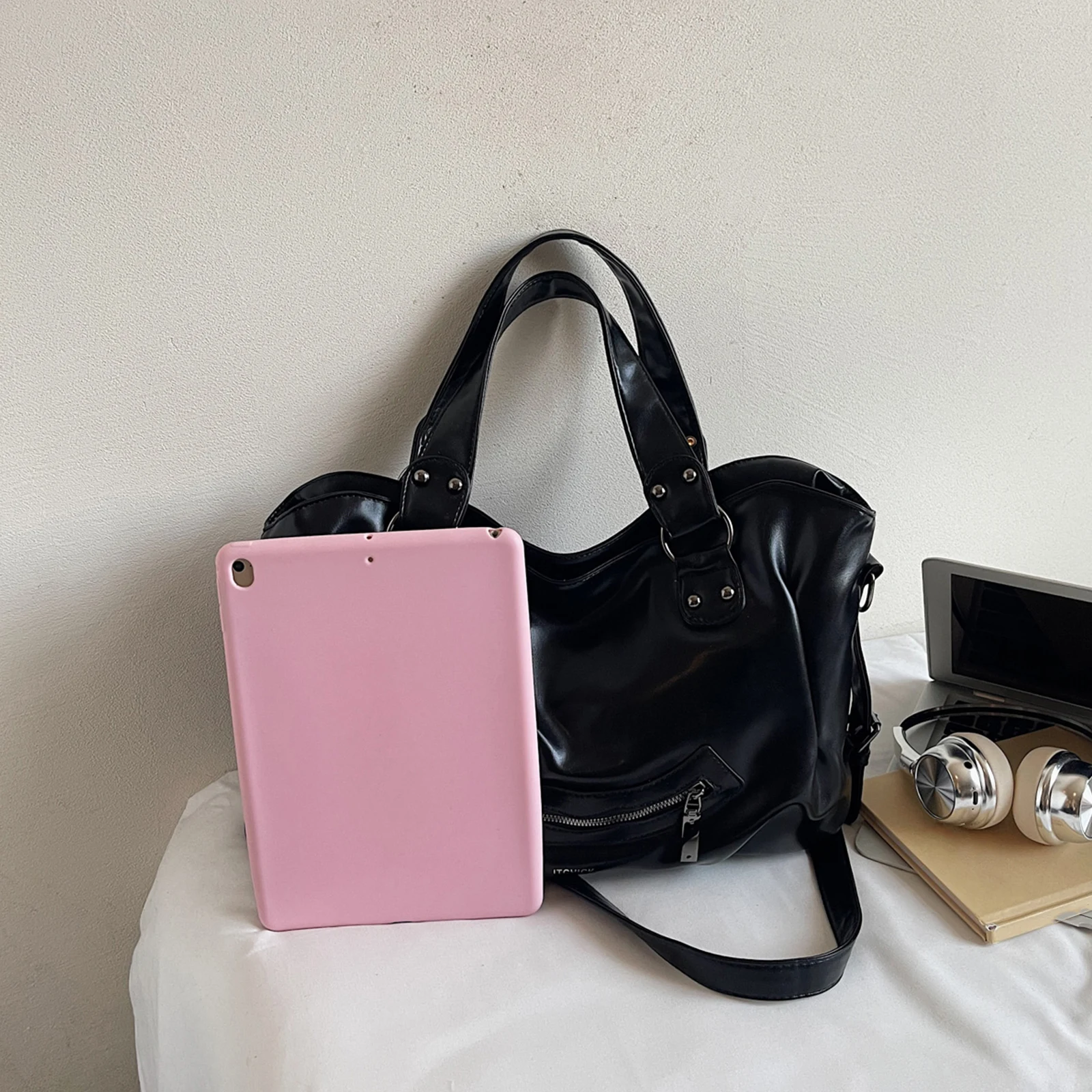 Retro Motorcycle Underarm Purse PU Top Handle Satchel Purse Large Hobo Handbag Solid Color for Women Daily Use Special Occasion