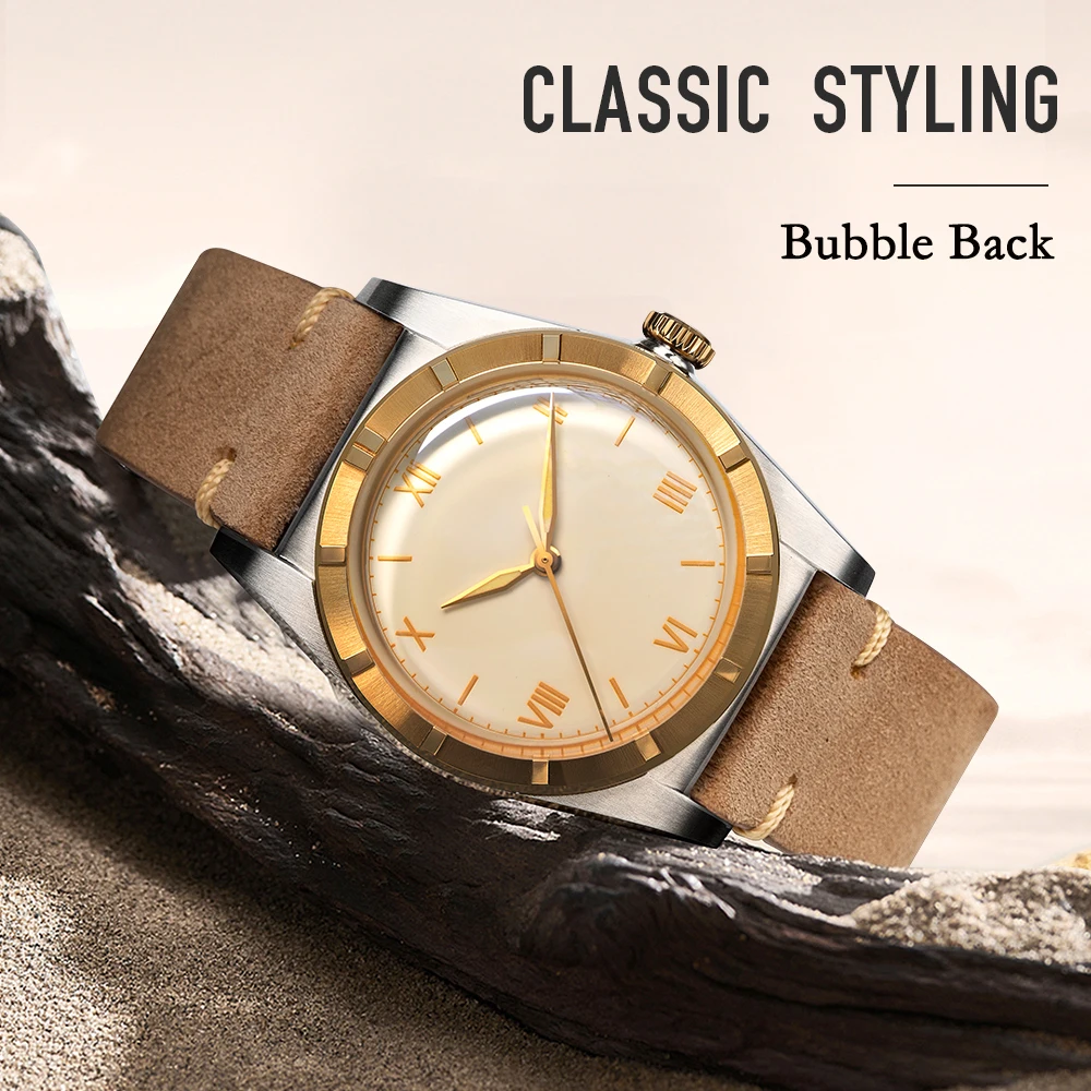 Hestur Automatic Mechanical movement SW200 Crystal Bubble Back C3 Luminous 36mm Couple Simple Antique Men's Watch