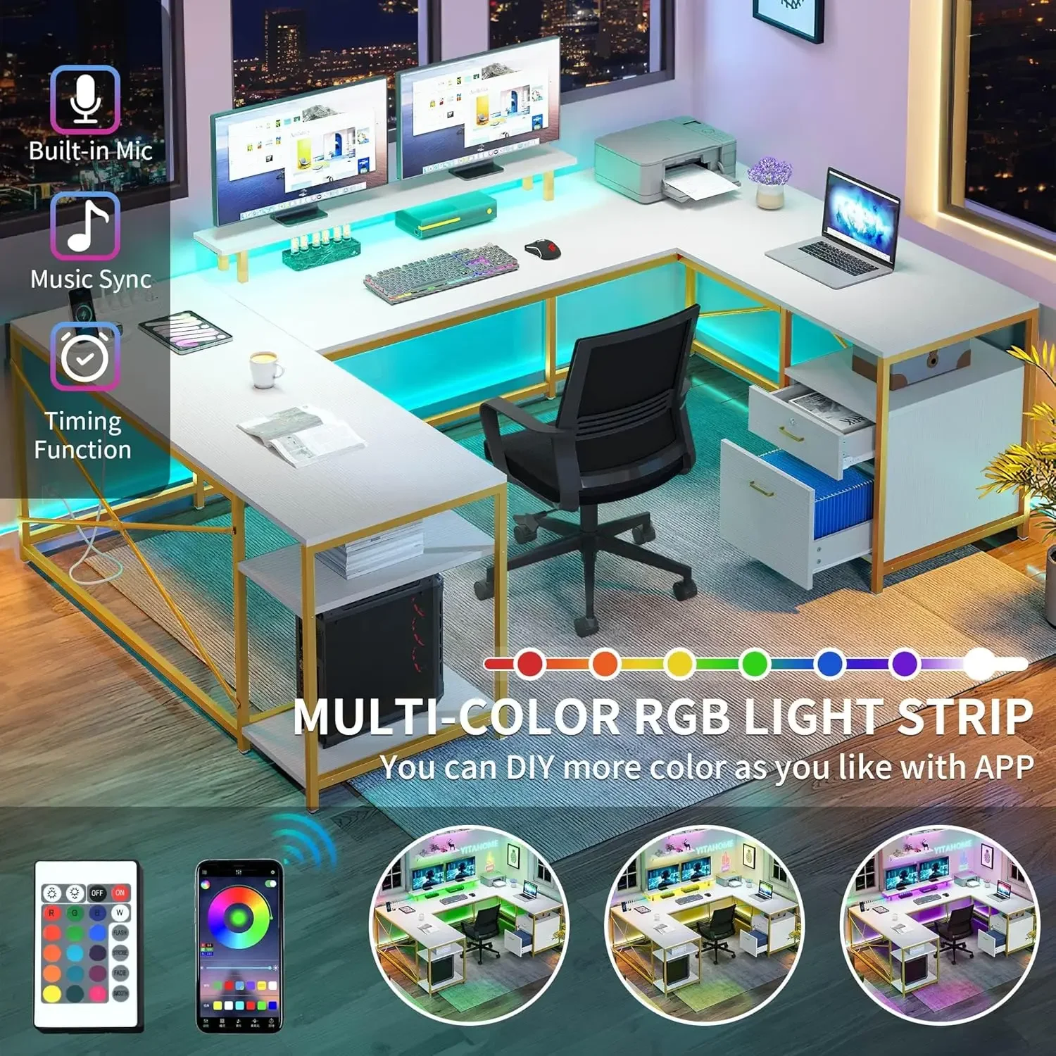 U Shaped Desk with Drawers, 79" Reversible L Shaped Desk with Power Outlets & LED Lights, Corner Computer , White & Gold
