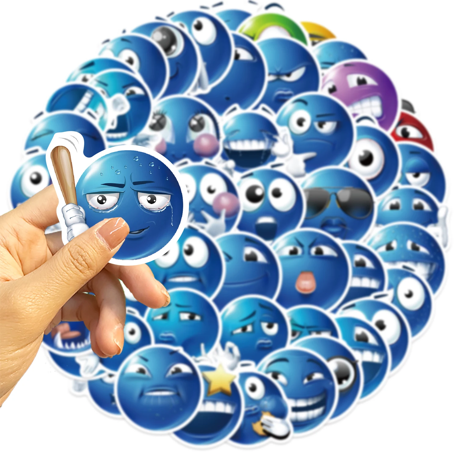 50 Stück Blue Bean Ausdrucksaufkleber, lustige Lächeln-Gesichtsausdrucksaufkleber für Telefon, Skateboard, wasserdicht, DIY-Aufkleber – Detail 9