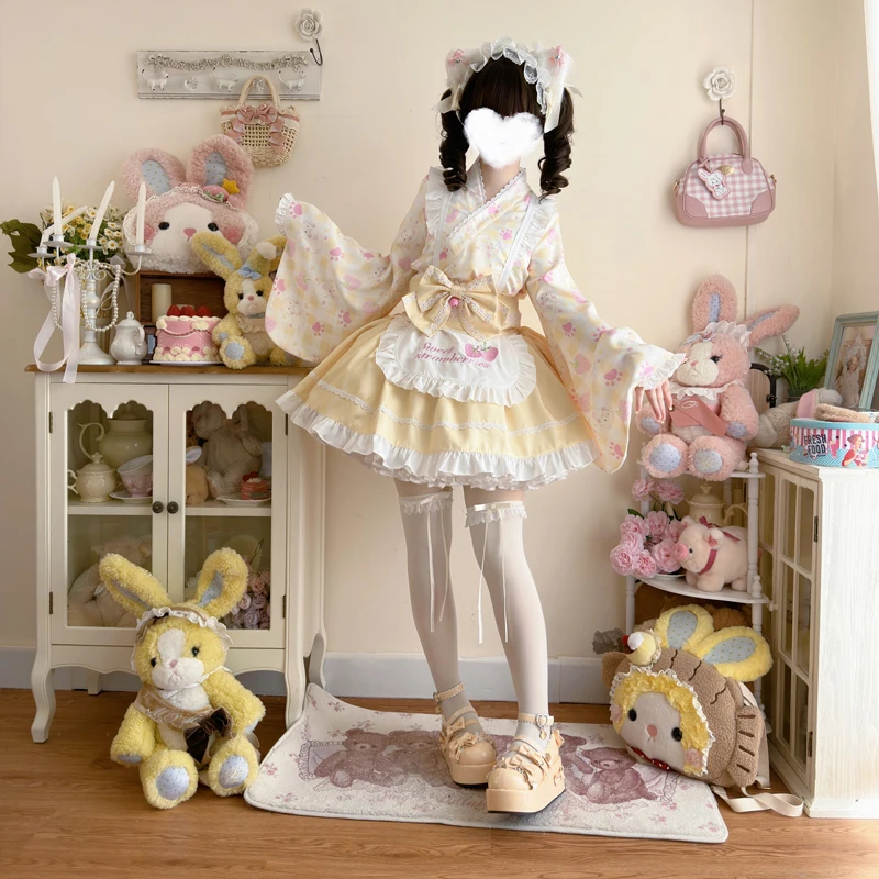 Japanese Sweet Lolita Bow Apron Maid Kimono Dress Women Girl