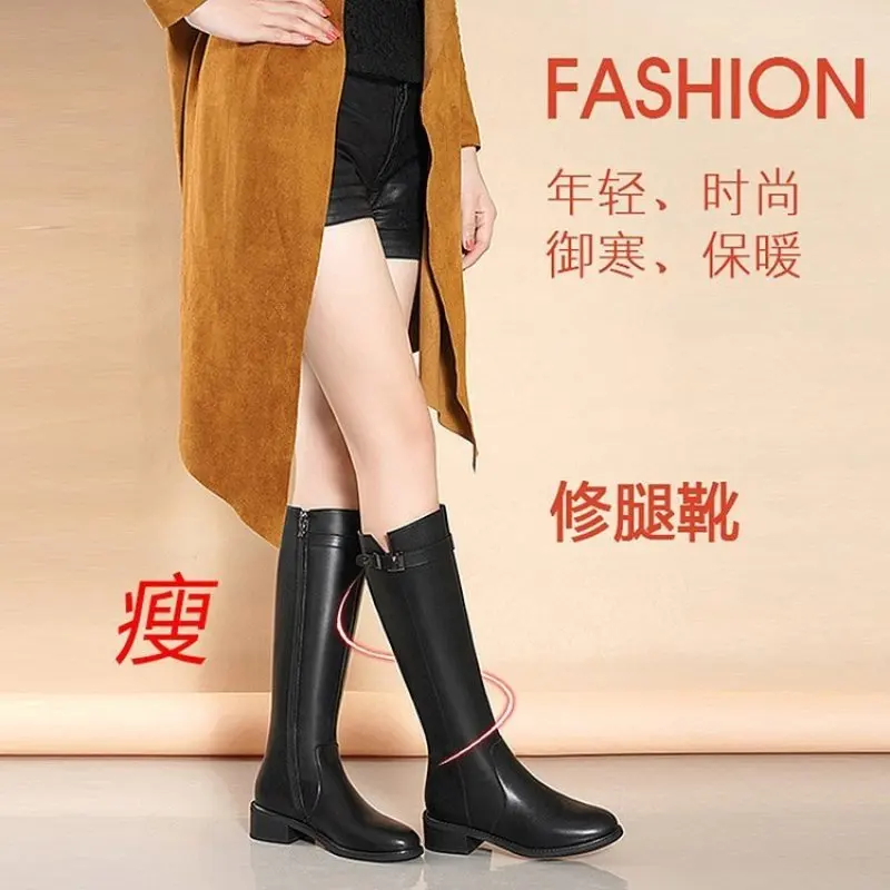 Women Knee-high Boots Genuine Leather Natural Leather Ladies Bootie Autumn and Winter Boots Goth Shoes Fashion Casual Plus Size
