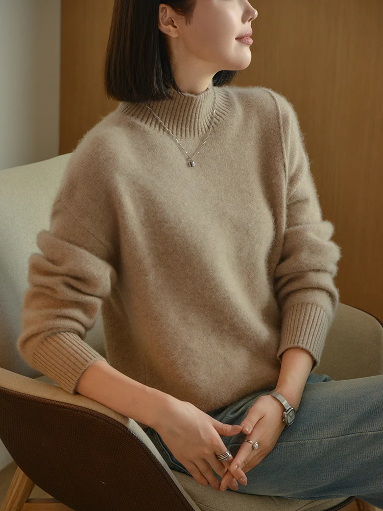 100% Pure Wool Sweater Women's 2024 Autumn/Winter Half High Collar Solid Color Pullover Fashion Light Luxury Cashmere Knit Tops 5