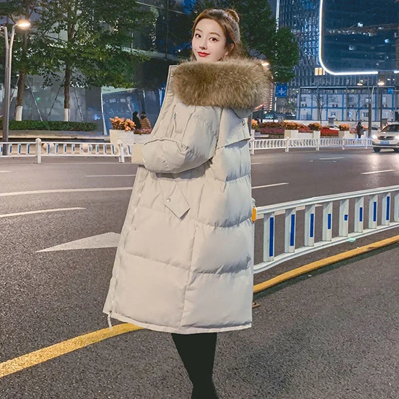 

2023 Long Winter Jacket Women Clothing Padded Loose Hooded Fur Collar Down Cotton Coat Female Warm Thick Black Women's Parkas