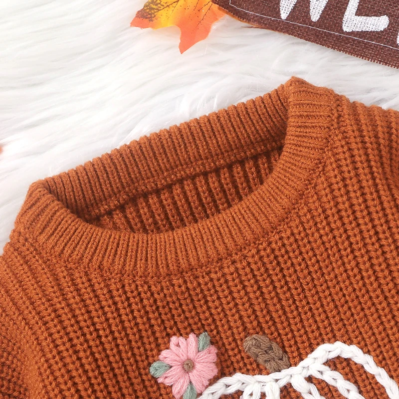 Baby Girls Knitting Sweaters Casual Children Jumpers Long Sleeve Pumpkin Flower Crochet Pullover Toddler Winter Tops