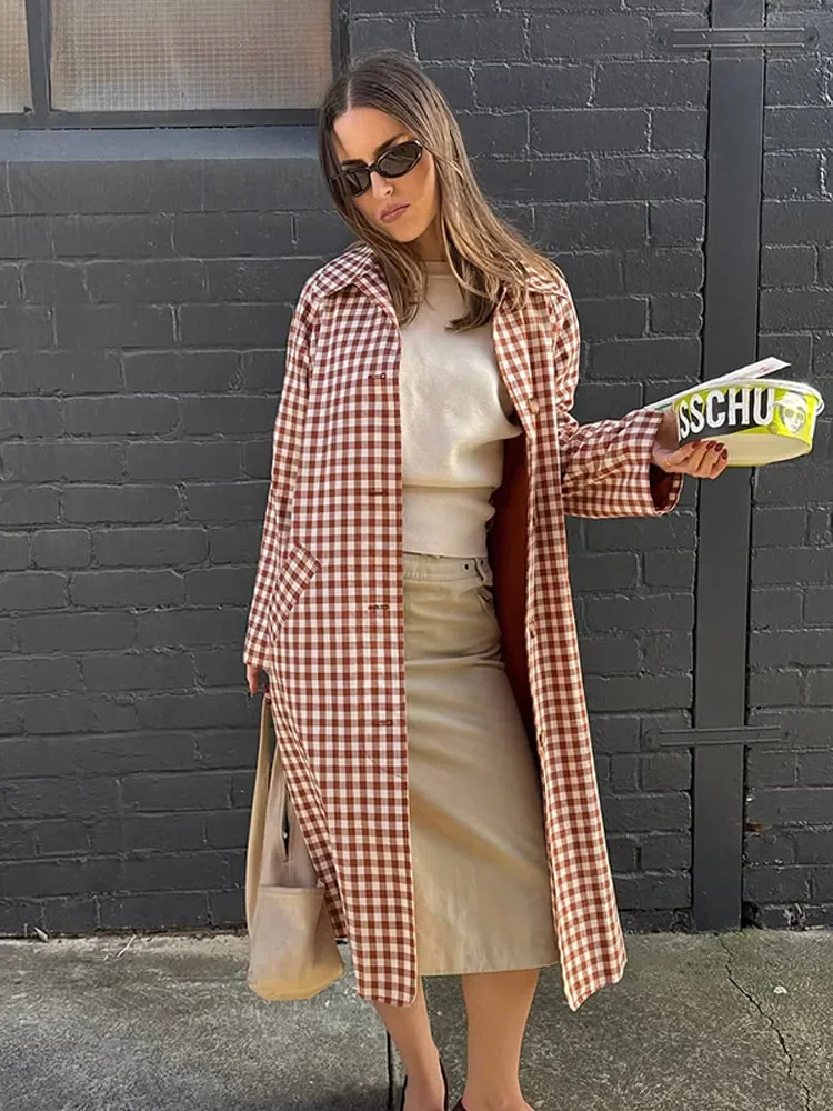 Chic Women's Casual Plaid Windbreaker Jacket with Lapel and Pockets