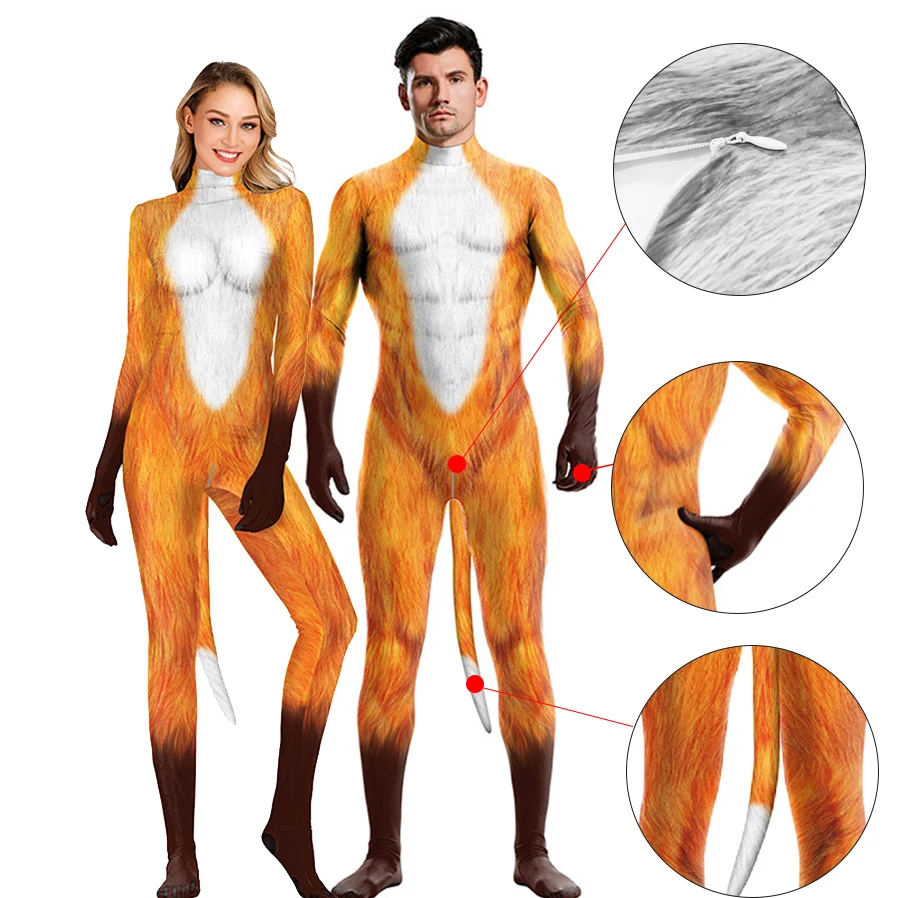 

Cosplay Fox Bodysuits Women Men's Sexy Clothing with Tail Slim Suit Halloween Clothes Cos Animals Open Crotch Zipper