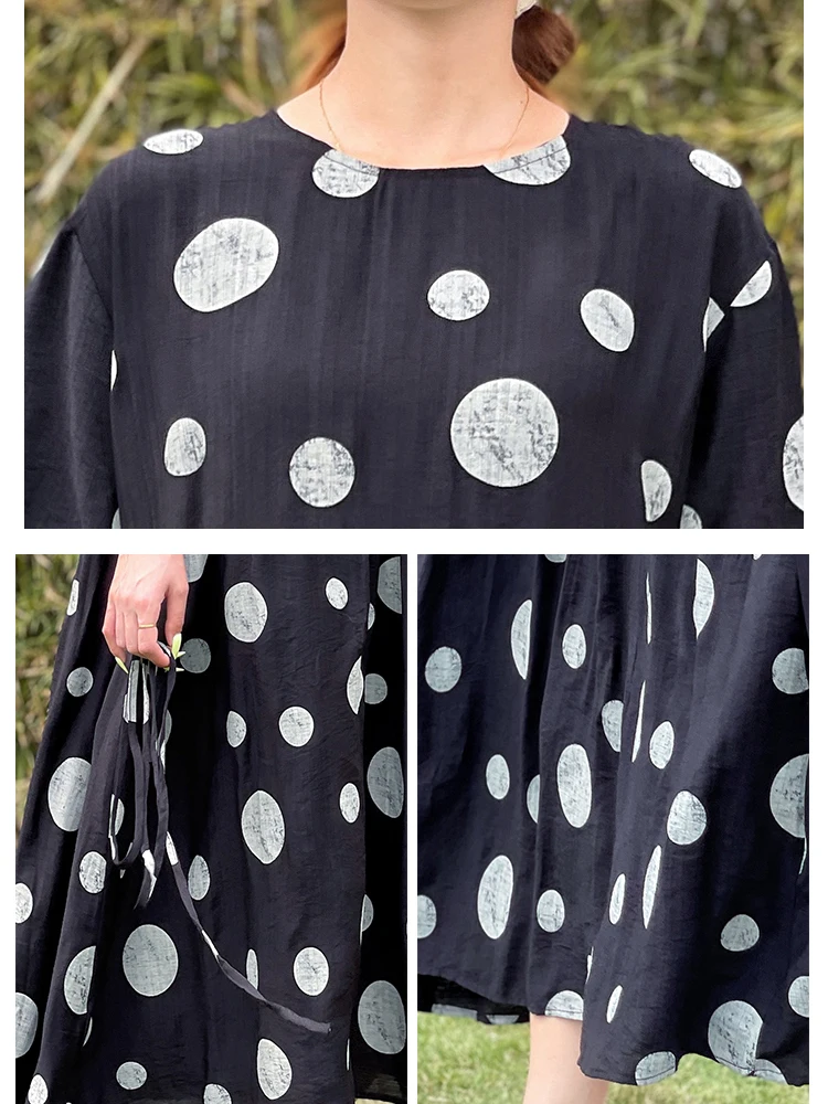Summer Cotton Vintage Casual Loose Black Dresses For Women Short Sleeve Polka Dot Dress Femme Robe Vestidos Elegant Long Clothes