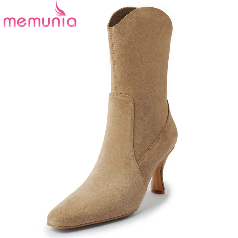 

MEMUNIA 2023 New Cow Suede Leather Winter Boots Square Toe Thin High Heels Boots Sexy Ladies Slip On Mid Calf Boots