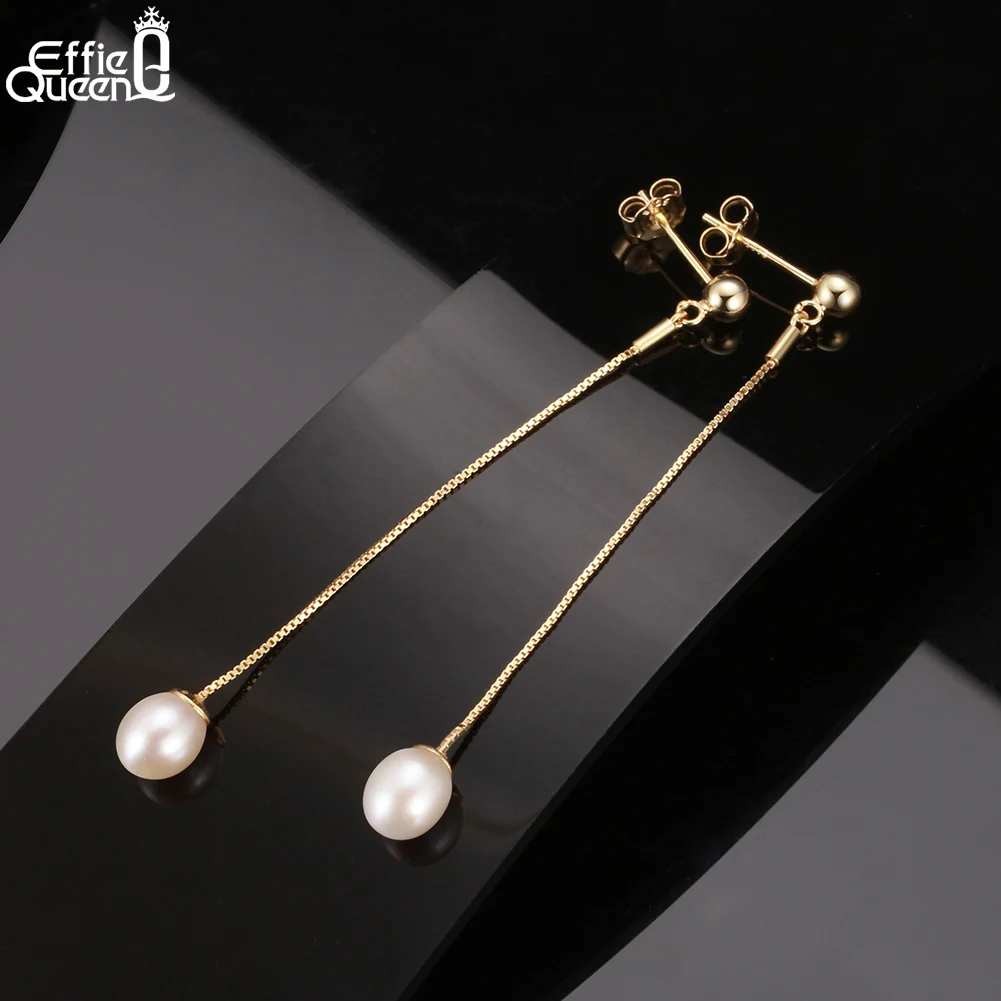 Effie Queen 14K Gold 925 Sterling Silver 6mm Cultured Freshwater Round Pearl With Box Chain Dangle Earrings Party Present GPE21