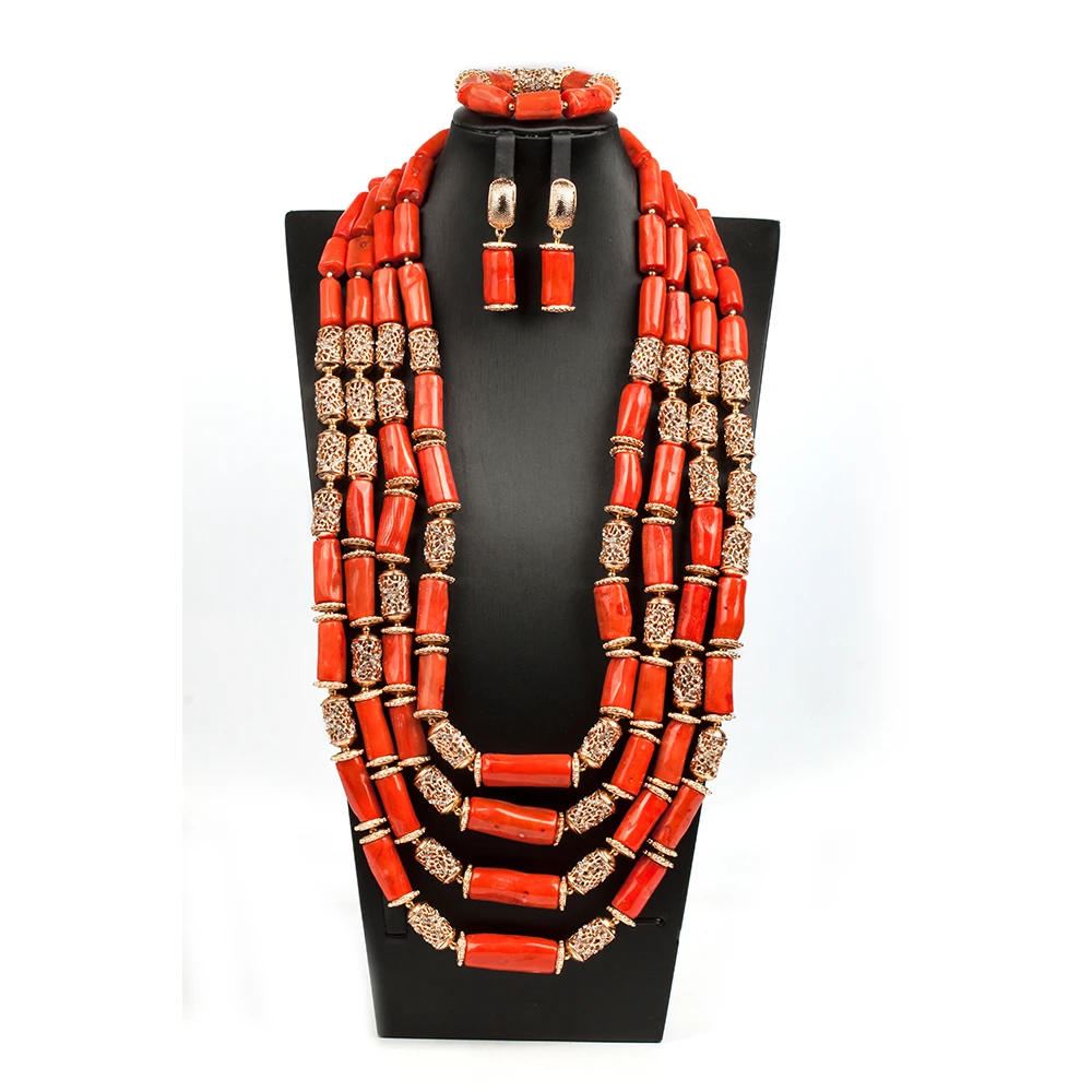 

Nigerian Indian Orange Necklace Sets Latest Coral Jewelry Sets of Beads African Bridal Jewelry Sets ABH698