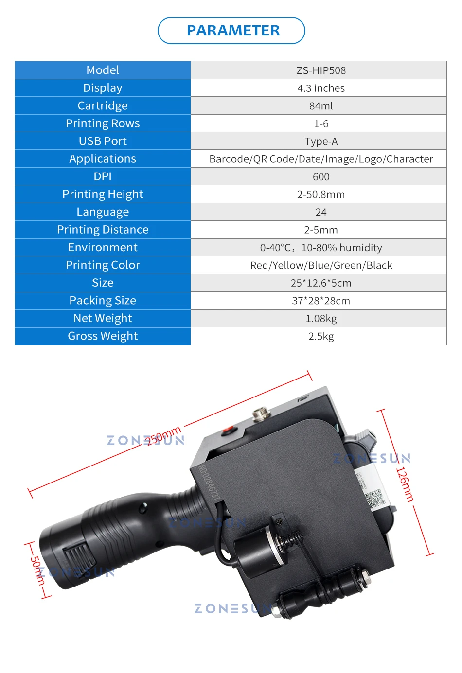 Máquina de impresión de inyección de tinta multilingüe de mano ZONESUN ZS-HIP508 