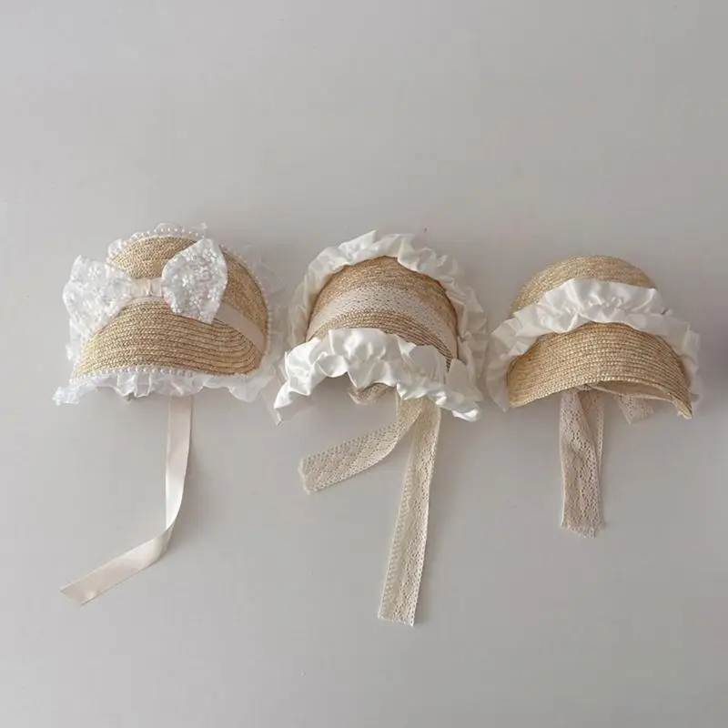 L5YA Toddler Girl Handwoven Straw Hat Baby Bonnet Sun-shade Princess 3-7Y Children Girl Vintage Headgear Photo-shoot Hat
