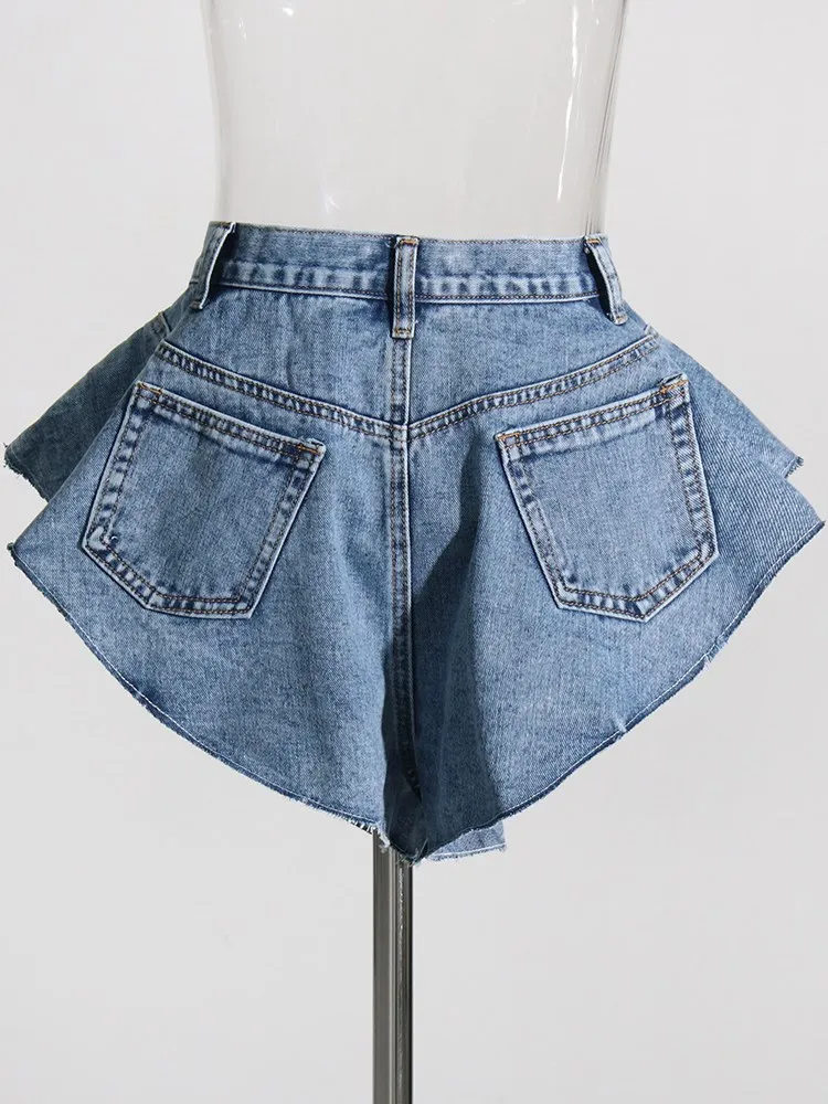 BPN Hit Color Fashion Irregular Denim Short Pants For Women High Waist Spliced Pockets Minimalist Wide Leg Pants Female Autumn