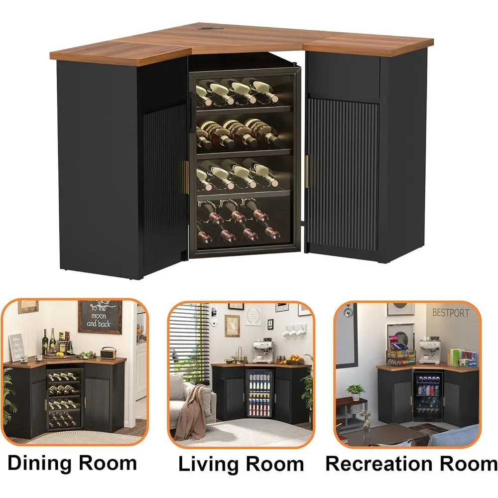 Ridged Bar Cabinet with Storage, Coffee Bar Station, L-Shaped Wine Rack for Home