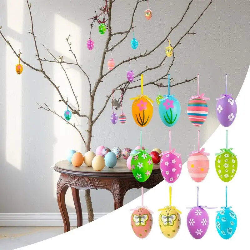 Tree Decorations Easter Egg Pendant 12X Hand Painted Artificial Eggs Easter Parties Decor Painted Eggs Ornaments Fake