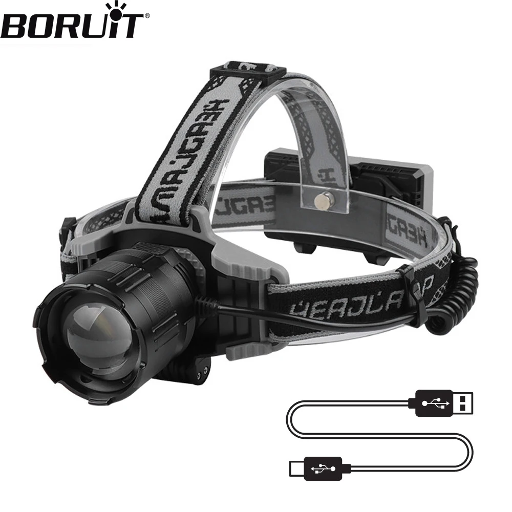 

BORUiT Powerful LED Headlamp 1500 Meters Long Shot Lantern USB Rechargeable Zoomable Headlight Waterproof Camping Head Torch